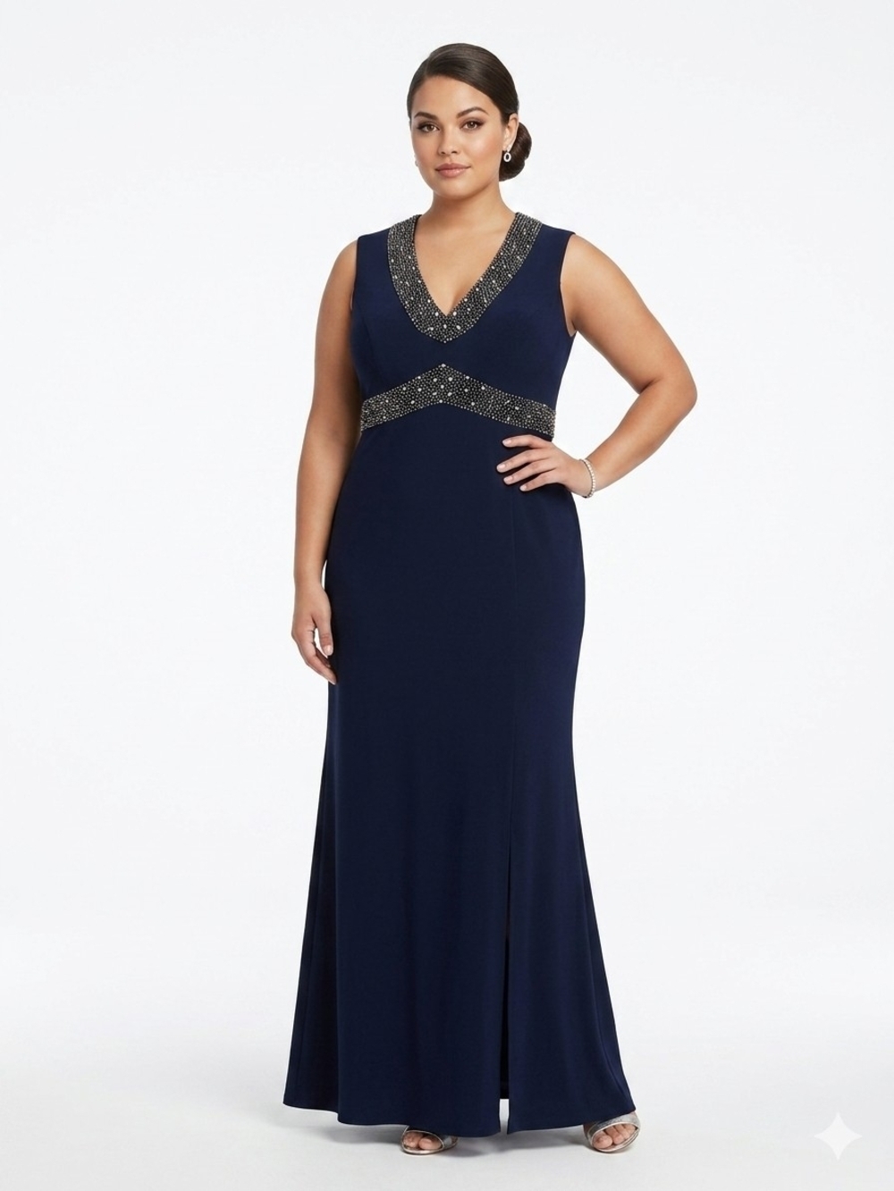 Betsy & Adam Navy V-Neck Beaded Maxi Gown